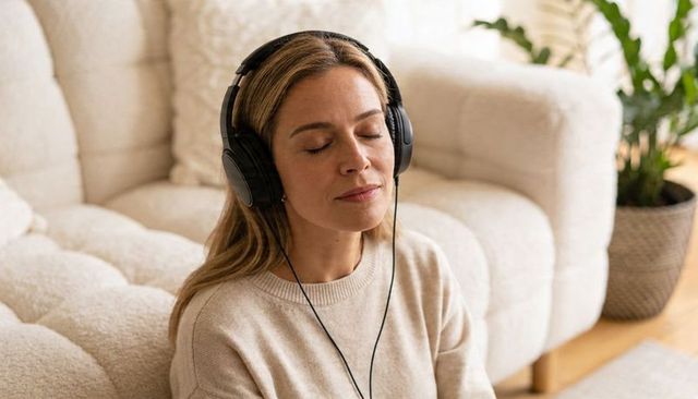 Woman relaxing listening to music with wired headphones on cozy tufted sofa