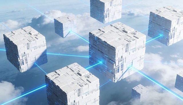 Floating Modular Data Cubes Linking via Neon Blue Energy Beams Above Clouds High Altitude