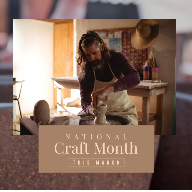 Caucasian male potter shaping clay on pottery wheel in cozy workshop for National Craft Month. Perfect for promoting creative events, workshops, artist profiles, and handmade crafts. Ideal for marketing materials, blog posts, and social media content celebrating artisans and craftsmanship.
