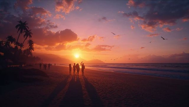 Friends walking on tropical beach at vibrant sunset with palm silhouettes and long shadows