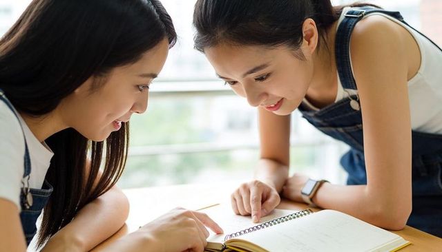 Teen study partners collaborating over spiral notebook by sunlit window for homework