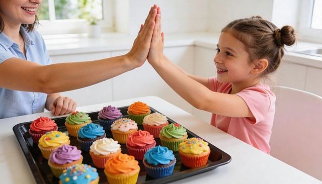 High-fiving child and parent celebrating colorful cupcakes on kitchen table