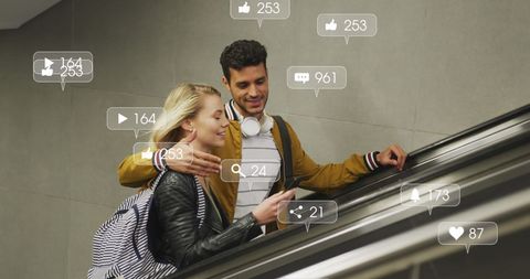 Diverse Couple Engaging on Social Media with Floating Interactions