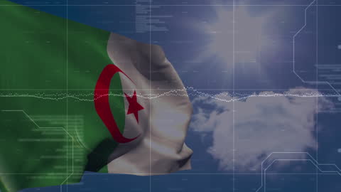 Algerian Flag Waving Amidst Digital Data Transfer