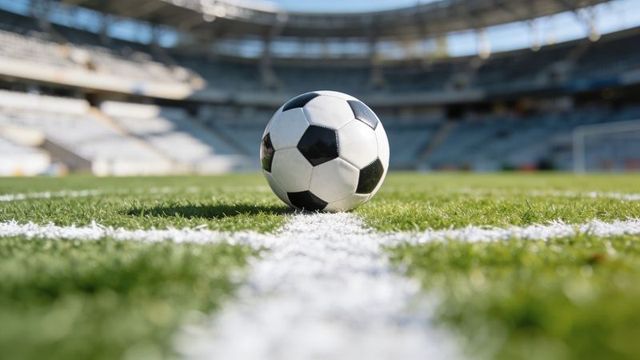 Soccer ball sitting on centre line of stadium pitch with goal and empty stands