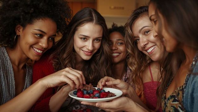 Close-up Five Women Friends Smiling Sharing Plate of Berries and Chocolate Dessert