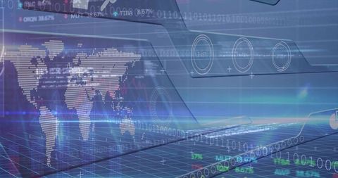 Futuristic Holographic World Map with Binary Data Overlay on Laptop Keyboard Interface