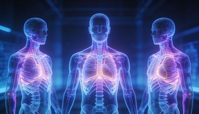Holographic human thorax showing glowing lungs and heart in futuristic virtual medical lab