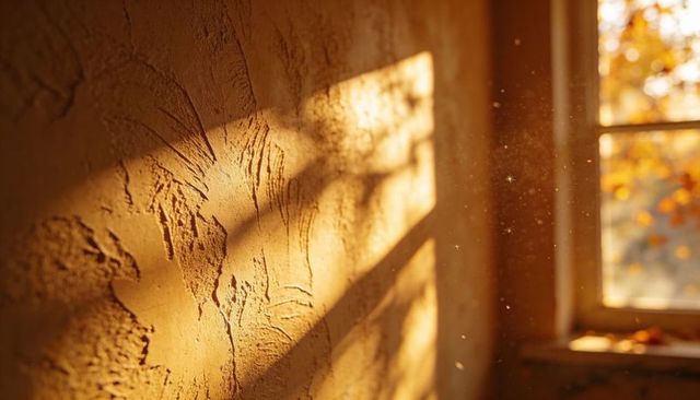 Golden warm sunlight casting window-grid shadows on textured stucco wall with dust motes