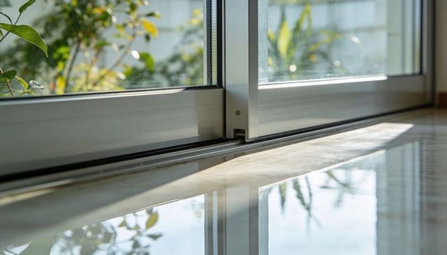 Sunlit Sliding Glass Door Track with Aluminum Frame and Marble Floor Reflection