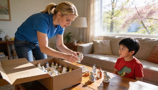 Woman unpacking ceramic figurines, arranging miniatures while child watches in sunlit room