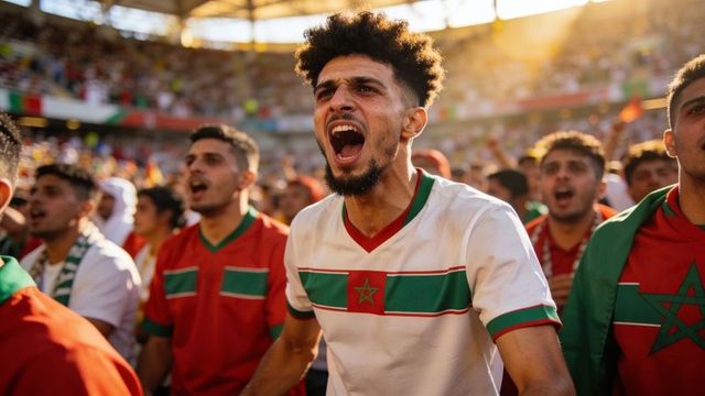 Passionate moroccan football fan shouting and cheering in packed sunlit stadium