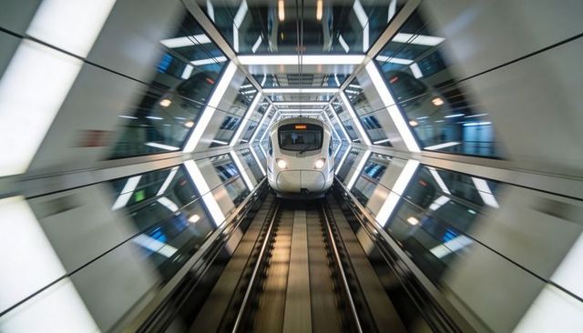 Driverless high-speed train racing through futuristic hexagonal tunnel with led illumination