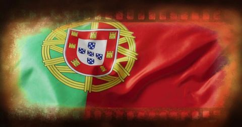 Portugal flag art featuring golden armillary sphere and grunge filmstrip texture