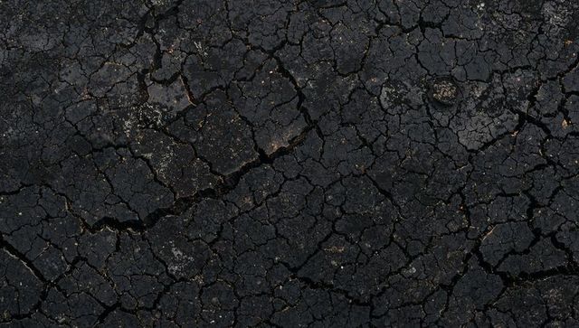 Cracked Asphalt Texture Revealing Polygonal Fissures, Pebbles and Dust on Urban Pavement