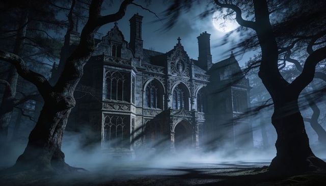 Moonlit gothic manor looming through foggy woodland with gnarled trees and arched entrance