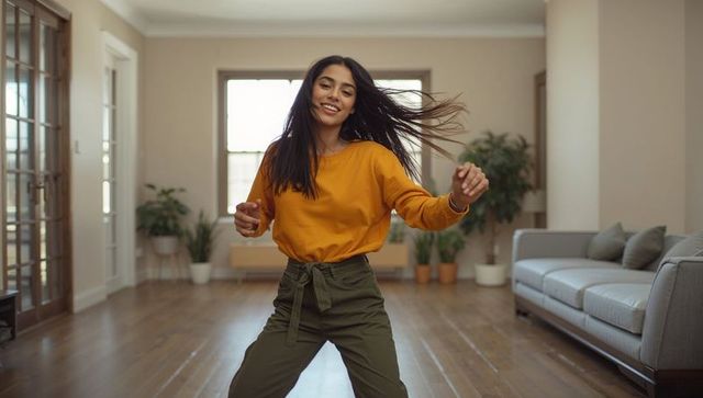 Joyful woman dancing at home in bright living room