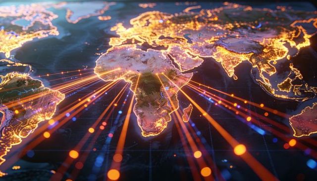 Digital data beams radiating from africa over illuminated global network map