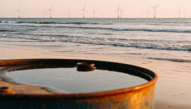 Rusty barrel rim holding pooled water on beach with offshore wind turbines at sunset