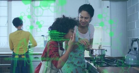 Family Cooking Experience with Digital Overlay in Modern Kitchen