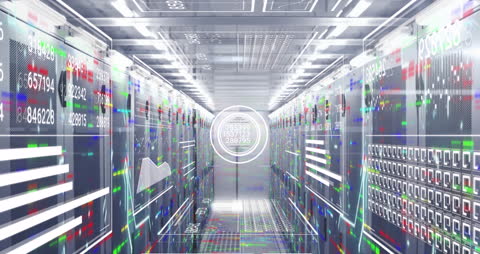 Futuristic Data Center with Digital Graphs and Loading Circles