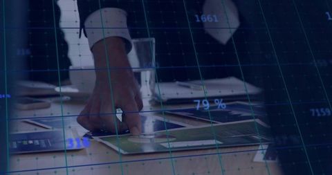 Corporate Financial Analysis in Modern Meeting Room with Data Overlay