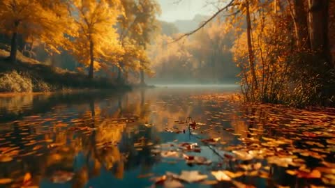 Idyllic Misty Autumn Forest River with Floating Leaves