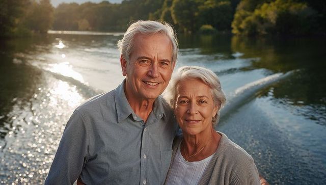 Smiling senior couple enjoying sunset boat ride on calm lake, warm golden-hour portrait