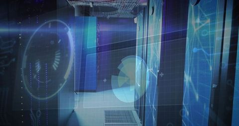 Futuristic Blue Data Center Corridor with Glowing Server Racks and Digital HUD Overlay