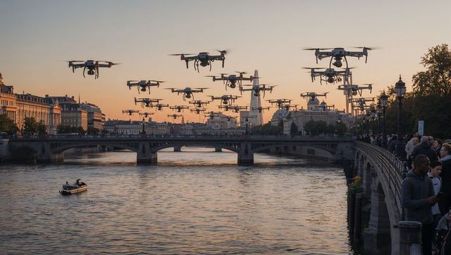 Drone swarm hovering over river and stone bridge at sunset with crowds on promenade