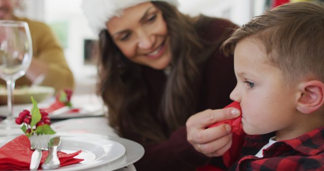 Mother Wiping Son's Face During Christmas Dinner Celebration - Download Free Stock Images Pikwizard.com