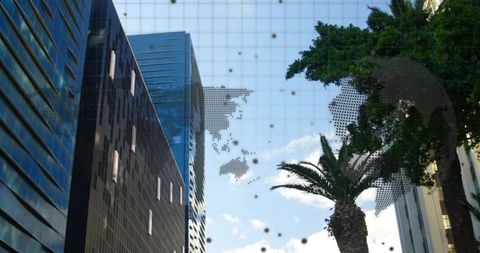 Reflective Glass Skyscrapers Towering over Palm Tree with Dotted World Map and Grid Overlay