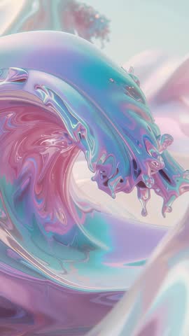 Vertical CGI Wave Undulating with Iridescent Curling Crest Dripping Liquid Droplets