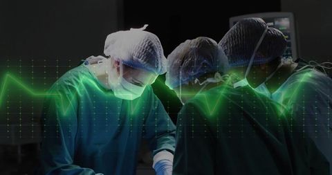 Surgical Team Performing Operation with ECG Overlay in Operating Room