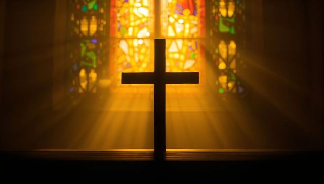 Sunlit wooden cross silhouette with stained glass sunbeams illuminating sanctuary