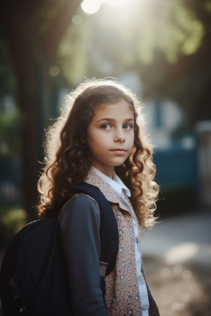 Young girl with curly hair standing outdoors at dusk, wearing a backpack over her shoulders. The scene is illuminated by gentle evening light. Ideal for themes related to youth, education, school life, childhood moments, and natural settings.