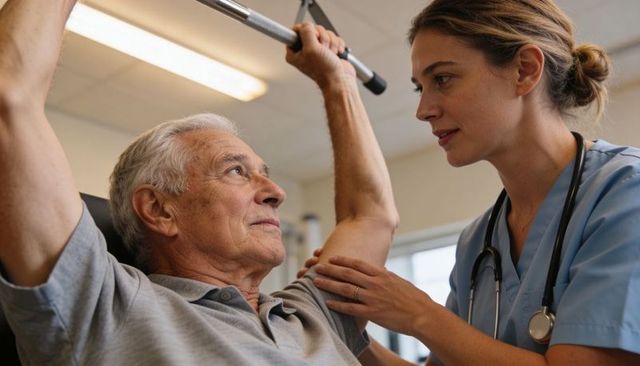 Senior patient lifting overhead bar with nurse assisting during rehabilitation session