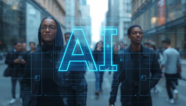 Couple walking downtown with holographic AI overlay futuristic urban technology concept