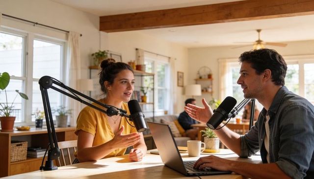 Co-hosts recording lively podcast in cozy home studio with laptop