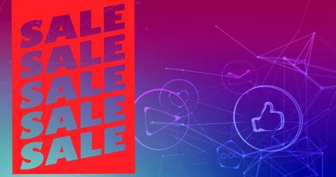 Bold sale banner overlaying digital social media icons background