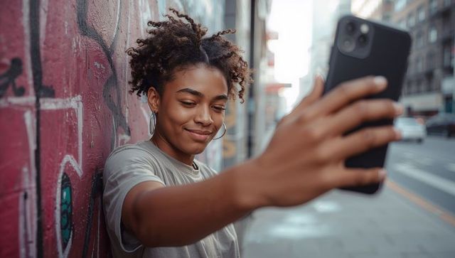 Young Black Woman Taking Selfie on Urban Graffiti Wall Holding Smartphone