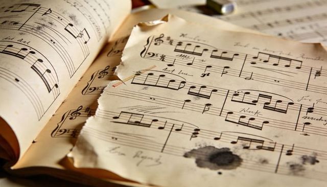 Displaying torn vintage sheet music with ink stains, handwritten annotations, textured paper