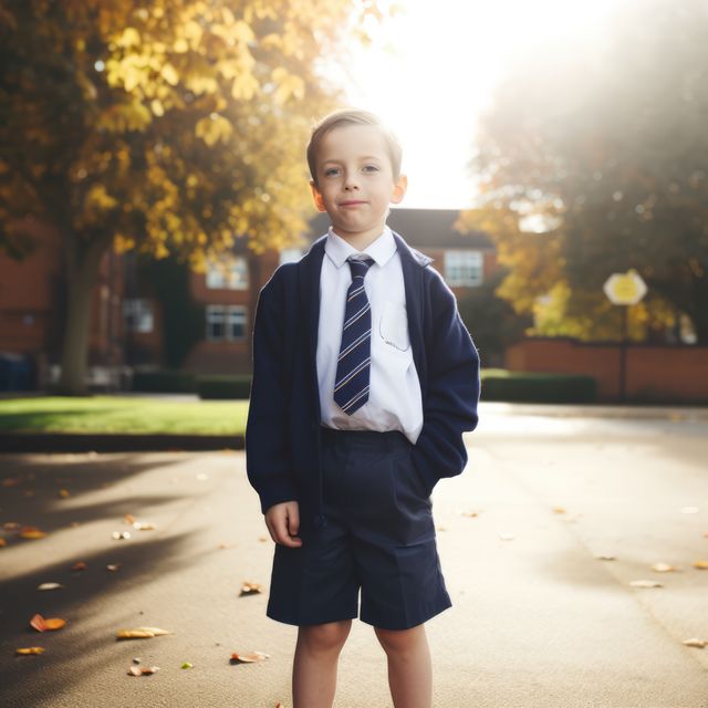 Portrait of caucasian schoolboy in sunny street, created using generative ai technology. First day of school, learning and education concept digitally generated image.