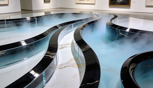Curving reflective troughs with misty pale blue liquid in minimalist gallery installation