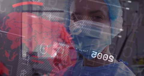 Surgeon in Operating Room with Digital World Map Overlay