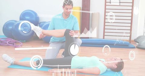 Practitioner guiding client through knee rehab exercise with fitness analytics overlays