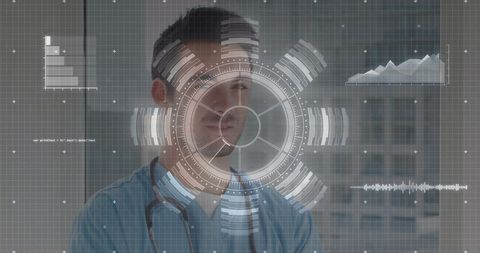 Doctor Examining Futuristic HUD Interface with Medical Data Insights