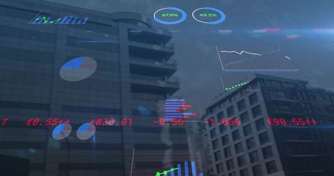 Digital stock market data overlaid on modern urban skyline