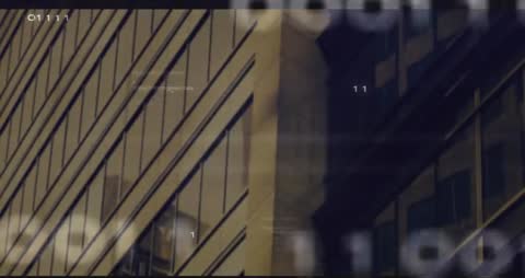 Digital Glitch Binary Code on Urban Glass Facade
