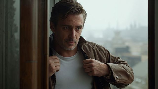 Contemplative middle-aged man adjusting leather jacket by window overlooking city skyline